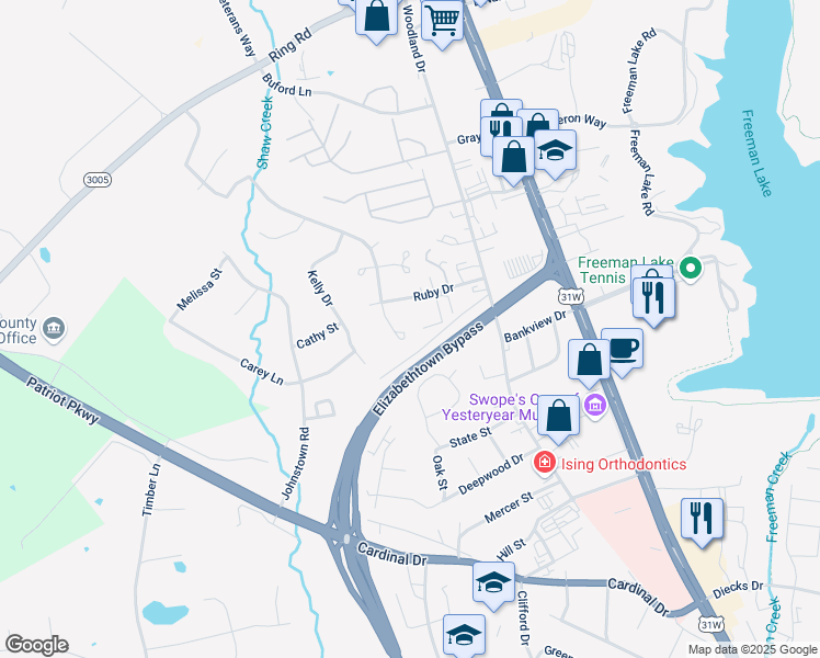 map of restaurants, bars, coffee shops, grocery stores, and more near 1105 Amanda Jo Drive in Elizabethtown