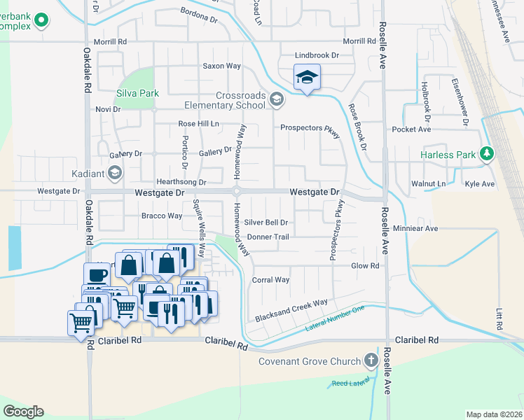 map of restaurants, bars, coffee shops, grocery stores, and more near 5421 Etherington Court in Riverbank