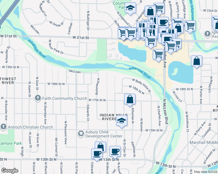 map of restaurants, bars, coffee shops, grocery stores, and more near 1902 N Meridian Ave in Wichita
