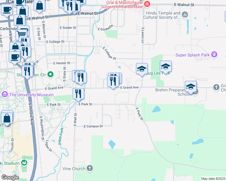 map of restaurants, bars, coffee shops, grocery stores, and more near 891 East Grand Avenue in Carbondale