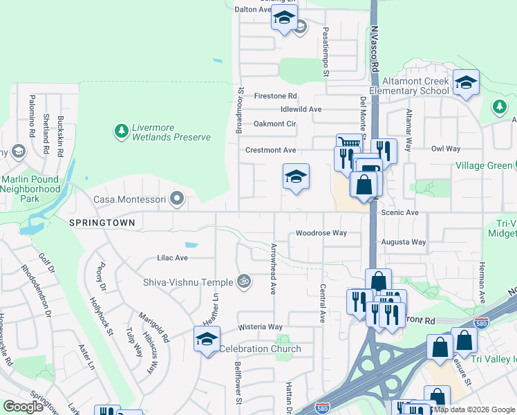 map of restaurants, bars, coffee shops, grocery stores, and more near 5573 Berwind Avenue in Livermore