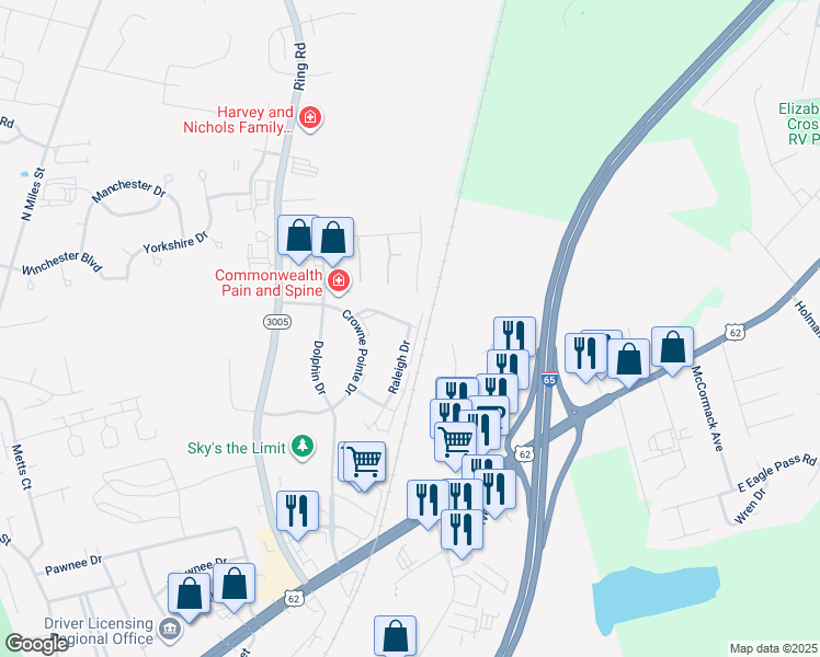 map of restaurants, bars, coffee shops, grocery stores, and more near 105 Raleigh Way in Elizabethtown