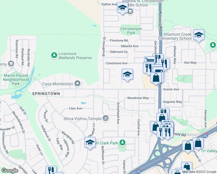map of restaurants, bars, coffee shops, grocery stores, and more near 5509 Berwind Avenue in Livermore