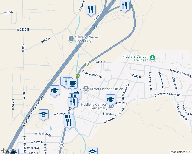 map of restaurants, bars, coffee shops, grocery stores, and more near 294 East Cobblecreek Drive in Cedar City