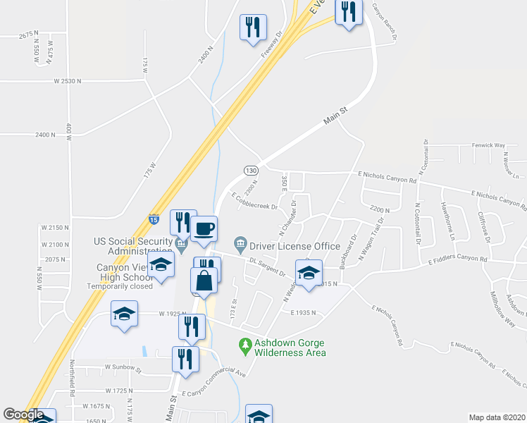 map of restaurants, bars, coffee shops, grocery stores, and more near 294 East Cobblecreek Drive in Cedar City