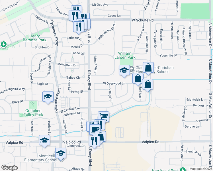 map of restaurants, bars, coffee shops, grocery stores, and more near 460 Deerwood Lane in Tracy