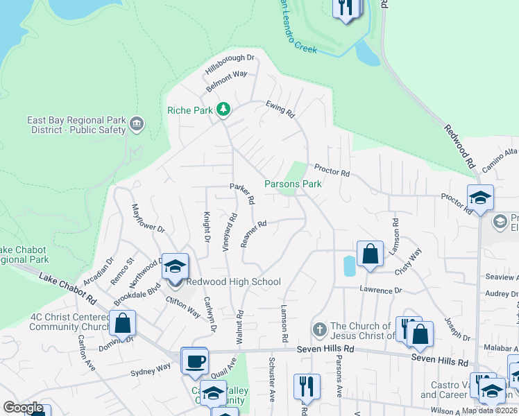 map of restaurants, bars, coffee shops, grocery stores, and more near 17657 Parker Road in Castro Valley