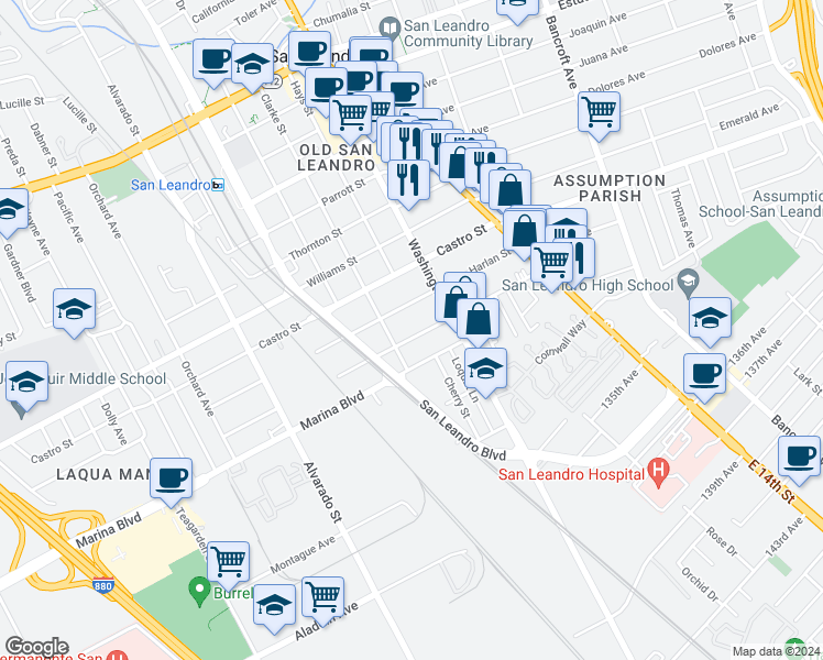 map of restaurants, bars, coffee shops, grocery stores, and more near 250 Estabrook Street in San Leandro