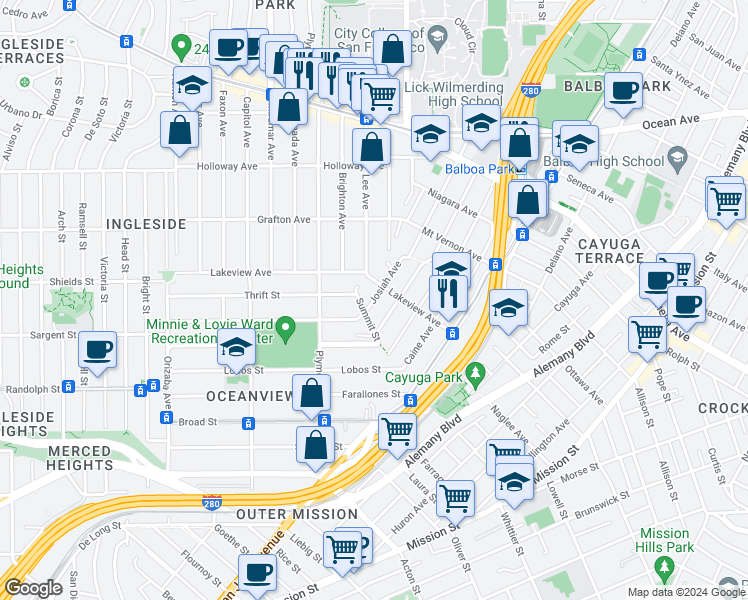 map of restaurants, bars, coffee shops, grocery stores, and more near 134 Josiah Avenue in San Francisco