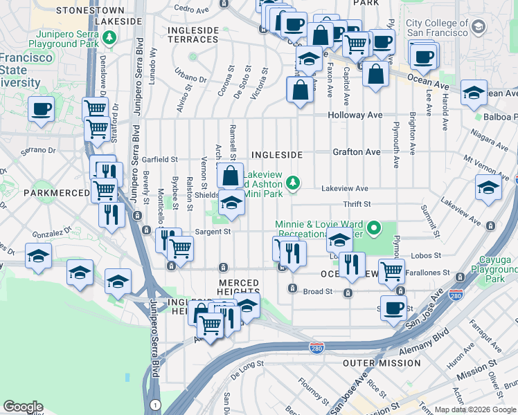 map of restaurants, bars, coffee shops, grocery stores, and more near 579 Head Street in San Francisco