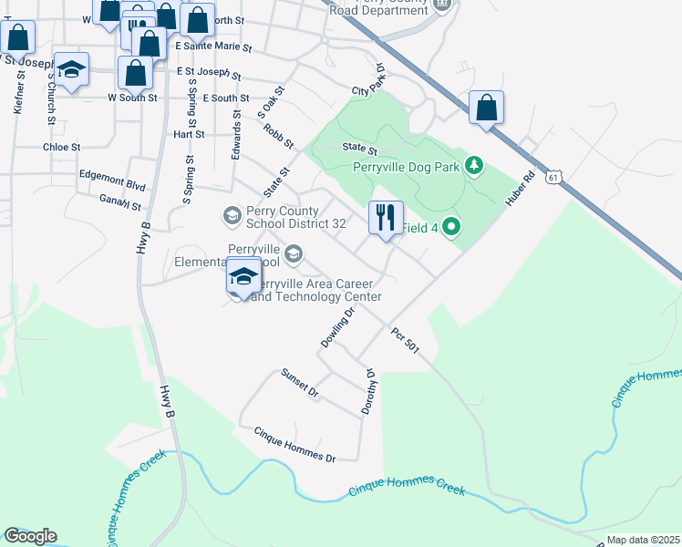 map of restaurants, bars, coffee shops, grocery stores, and more near 704 Schindler Road in Perryville
