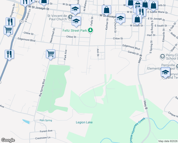 map of restaurants, bars, coffee shops, grocery stores, and more near 82 Winkler Drive in Perryville