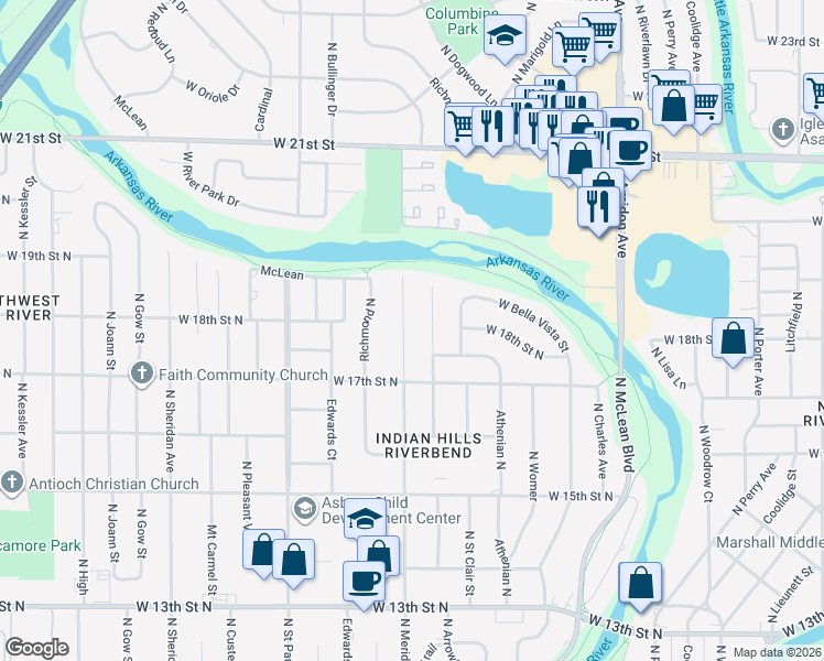 map of restaurants, bars, coffee shops, grocery stores, and more near 1902 N Meridian Ave in Wichita