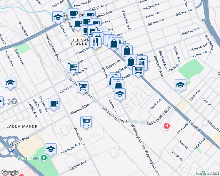 map of restaurants, bars, coffee shops, grocery stores, and more near 2101 Washington Avenue in San Leandro