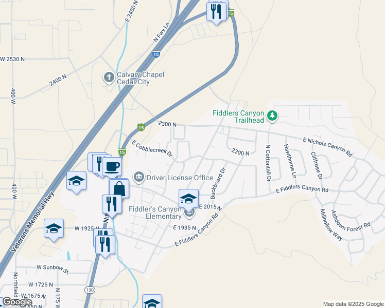 map of restaurants, bars, coffee shops, grocery stores, and more near 2198 Chandler Drive in Cedar City