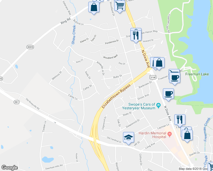 map of restaurants, bars, coffee shops, grocery stores, and more near 1108 Cs-1195 in Elizabethtown