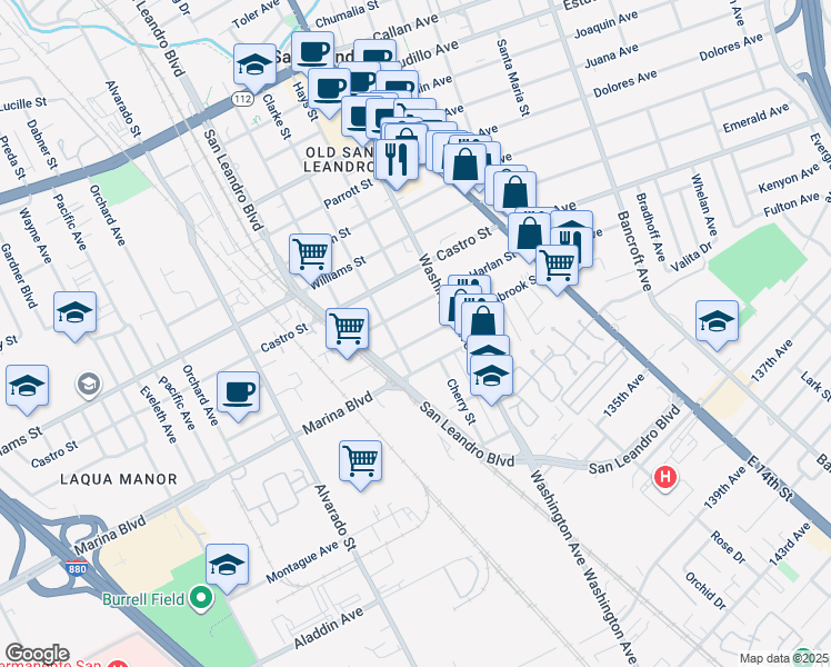map of restaurants, bars, coffee shops, grocery stores, and more near 348 Estabrook Street in San Leandro