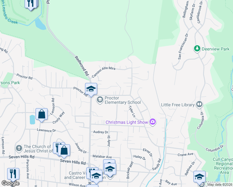 map of restaurants, bars, coffee shops, grocery stores, and more near 5176 Proctor Road in Castro Valley