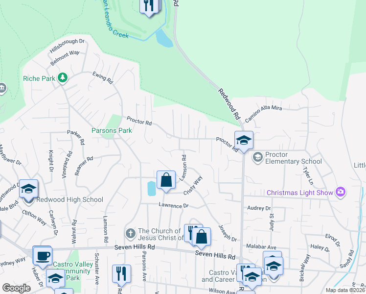 map of restaurants, bars, coffee shops, grocery stores, and more near 4776 Sorani Way in Castro Valley