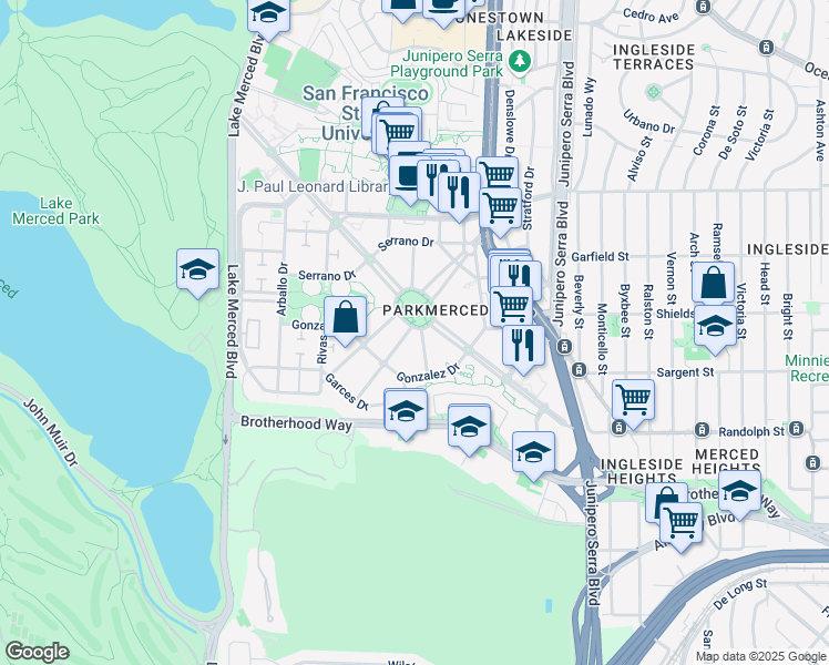 map of restaurants, bars, coffee shops, grocery stores, and more near 132 Juan Bautista Circle in San Francisco