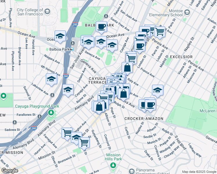 map of restaurants, bars, coffee shops, grocery stores, and more near 824 Geneva Avenue in San Francisco
