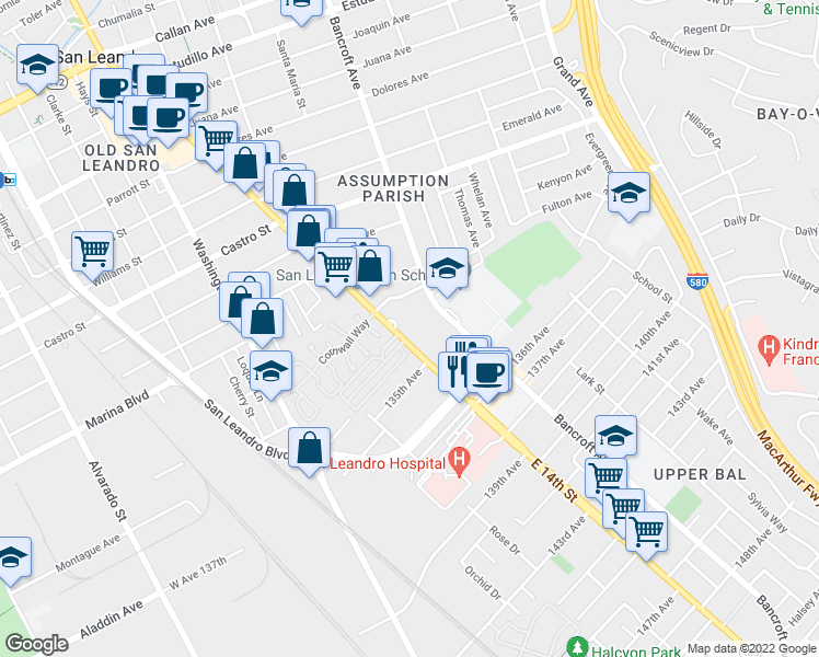 map of restaurants, bars, coffee shops, grocery stores, and more near 2396 East 14th Street in San Leandro