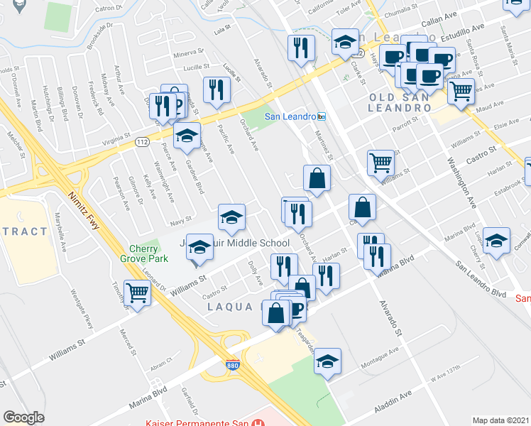 map of restaurants, bars, coffee shops, grocery stores, and more near 1711 Pacific Avenue in San Leandro