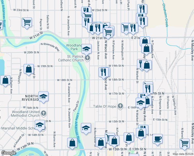 map of restaurants, bars, coffee shops, grocery stores, and more near 530 West 18th Street North in Wichita