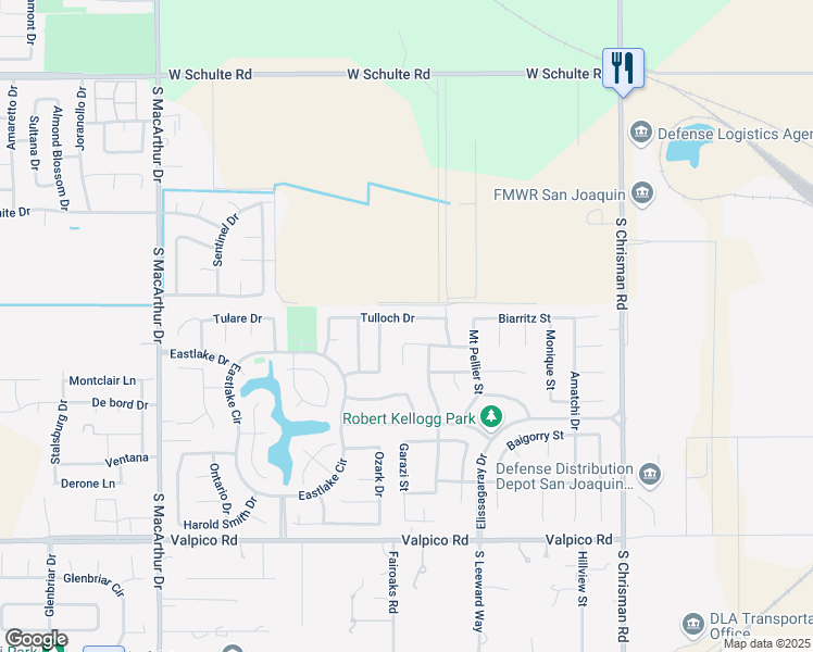 map of restaurants, bars, coffee shops, grocery stores, and more near 1242 Tulloch Drive in Tracy
