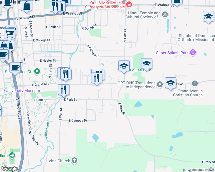 map of restaurants, bars, coffee shops, grocery stores, and more near 921 East Grand Avenue in Carbondale