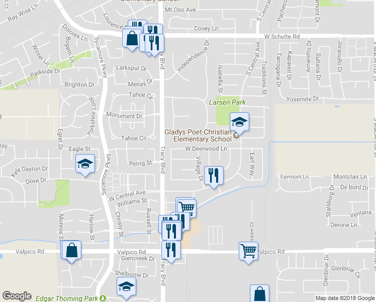 map of restaurants, bars, coffee shops, grocery stores, and more near 460 Deerwood Lane in Tracy