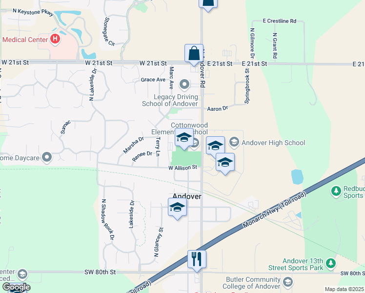 map of restaurants, bars, coffee shops, grocery stores, and more near 1747 North Andover Road in Andover