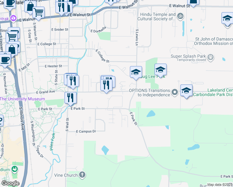 map of restaurants, bars, coffee shops, grocery stores, and more near 923 East Grand Avenue in Carbondale