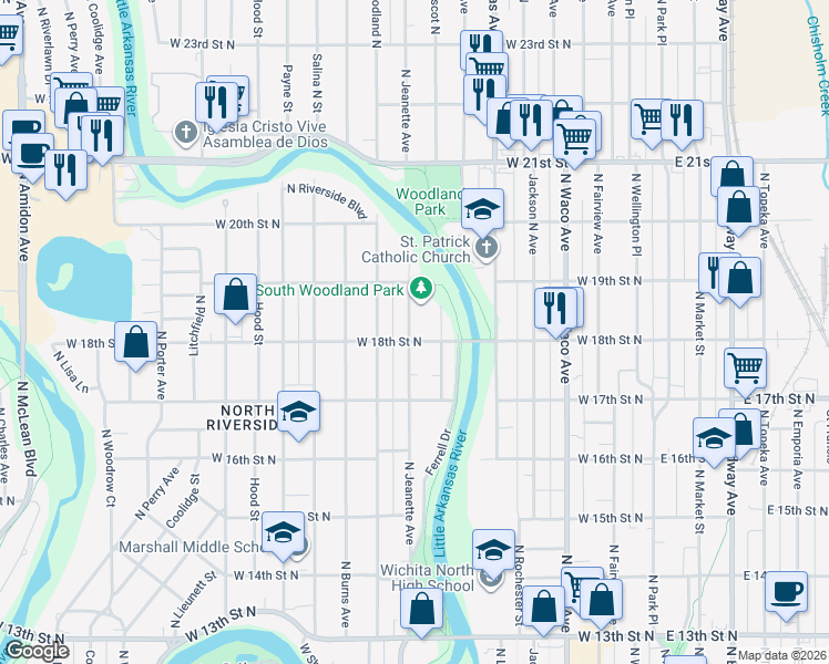 map of restaurants, bars, coffee shops, grocery stores, and more near 1909 North Jeanette Avenue in Wichita