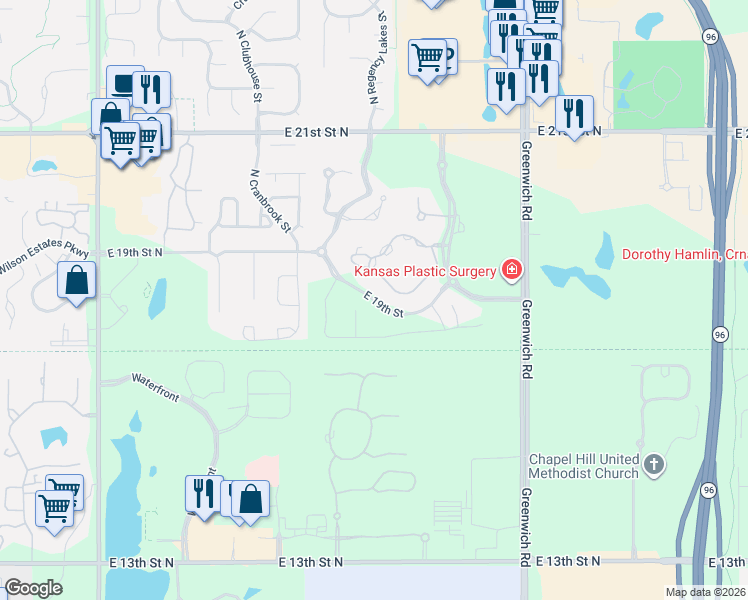 map of restaurants, bars, coffee shops, grocery stores, and more near East 19th Street in Wichita