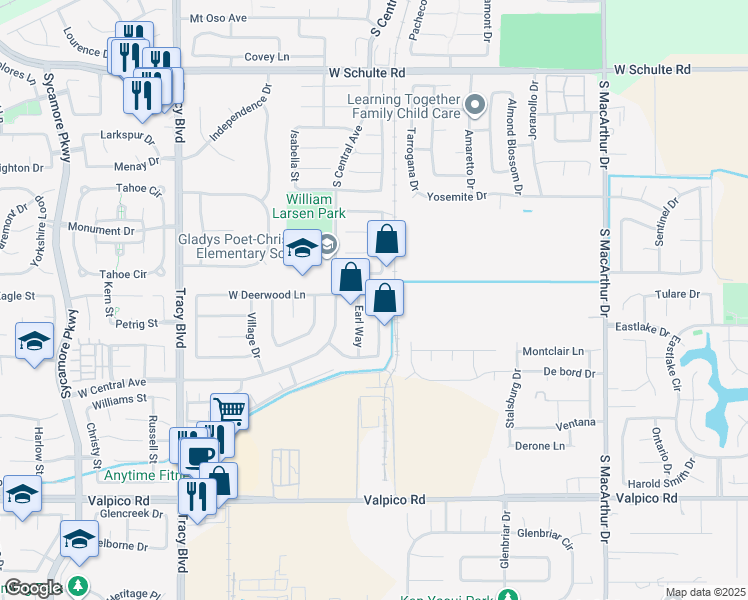 map of restaurants, bars, coffee shops, grocery stores, and more near 1821 Ashland Drive in Tracy