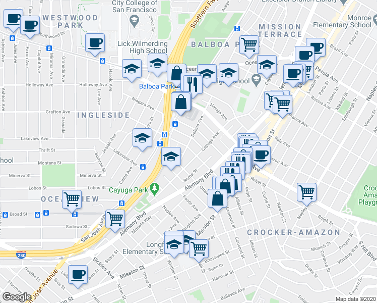 map of restaurants, bars, coffee shops, grocery stores, and more near 245 Mount Vernon Avenue in San Francisco