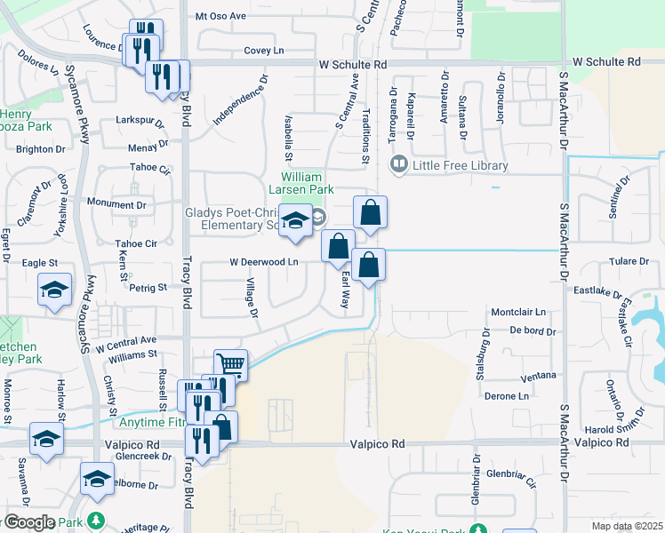 map of restaurants, bars, coffee shops, grocery stores, and more near 1820 South Central Avenue in Tracy