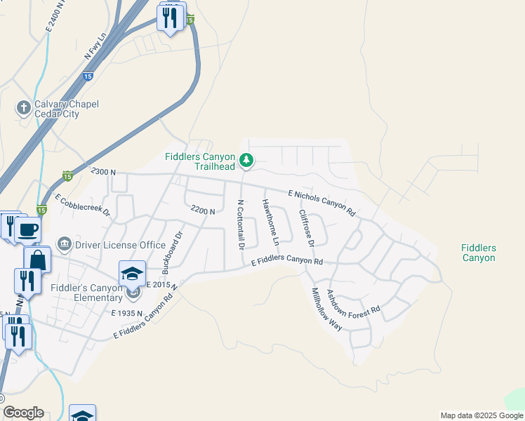 map of restaurants, bars, coffee shops, grocery stores, and more near 2205 Hawthorne Ln in Cedar City