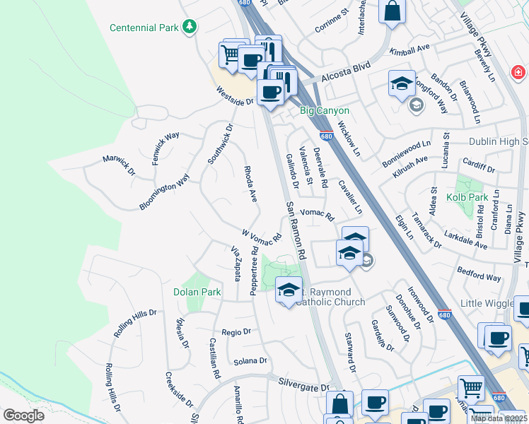 map of restaurants, bars, coffee shops, grocery stores, and more near 8231 Rhoda Avenue in Dublin
