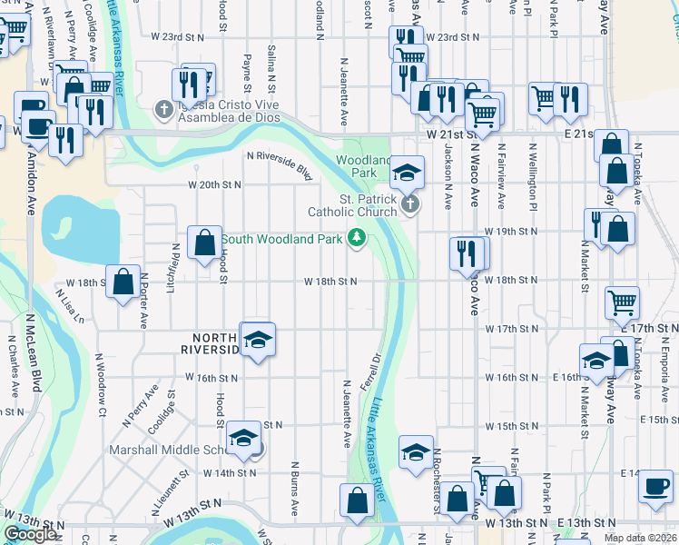 map of restaurants, bars, coffee shops, grocery stores, and more near 1909 North Jeanette Avenue in Wichita