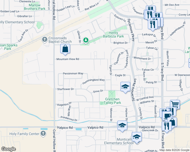 map of restaurants, bars, coffee shops, grocery stores, and more near 1848 Crocus Court in Tracy