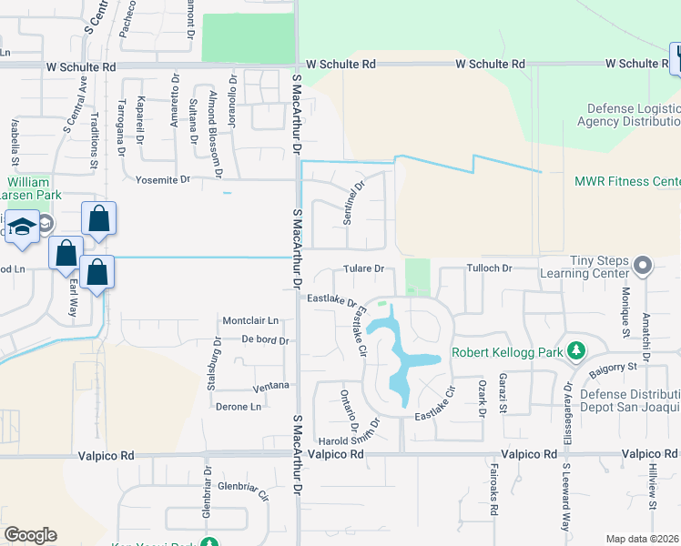 map of restaurants, bars, coffee shops, grocery stores, and more near 1802 Placid Drive in Tracy