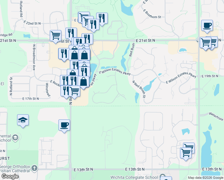 map of restaurants, bars, coffee shops, grocery stores, and more near 8402-8410 E Bridlewood St in Wichita