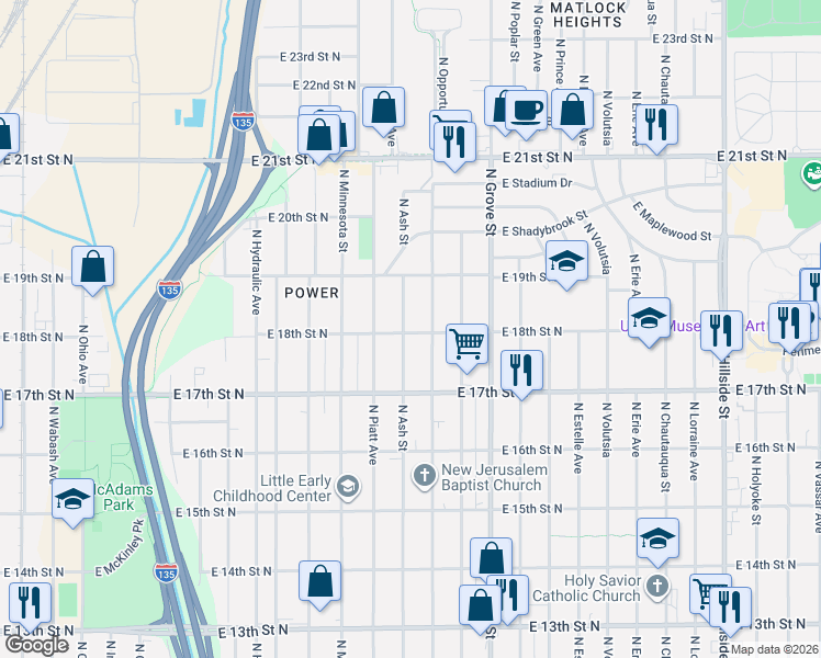 map of restaurants, bars, coffee shops, grocery stores, and more near 1901 North Madison Avenue in Wichita