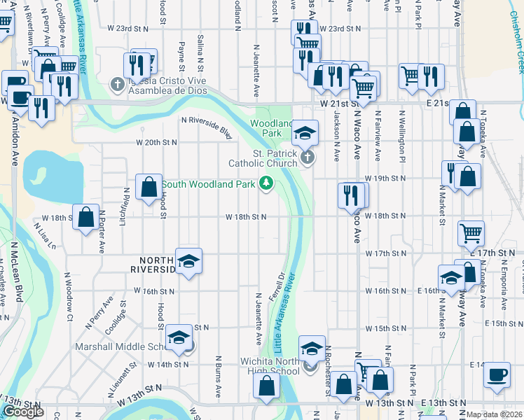 map of restaurants, bars, coffee shops, grocery stores, and more near 1909 North Jeanette Avenue in Wichita