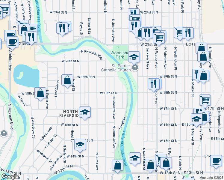 map of restaurants, bars, coffee shops, grocery stores, and more near 1909 North Jeanette Avenue in Wichita