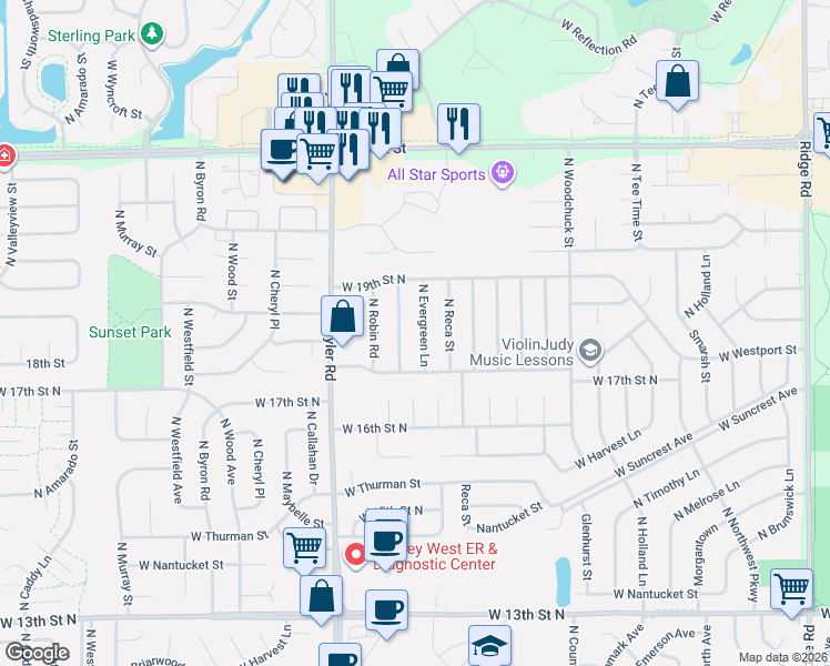 map of restaurants, bars, coffee shops, grocery stores, and more near 1838 North Turquoise Street in Wichita