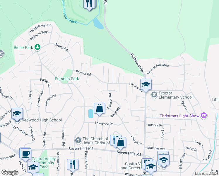 map of restaurants, bars, coffee shops, grocery stores, and more near 4776 Sorani Way in Castro Valley