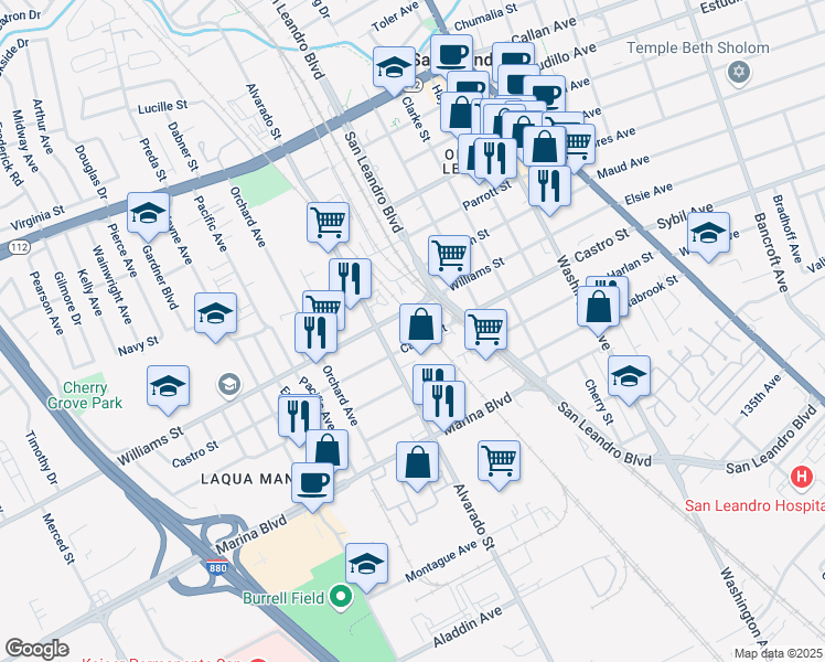 map of restaurants, bars, coffee shops, grocery stores, and more near 718 Castro Street in San Leandro